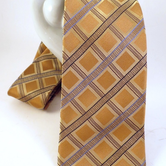 ADOLFO Mens 100% Silk Neck Tie Yellow Gold Blue - Picture 4 of 7